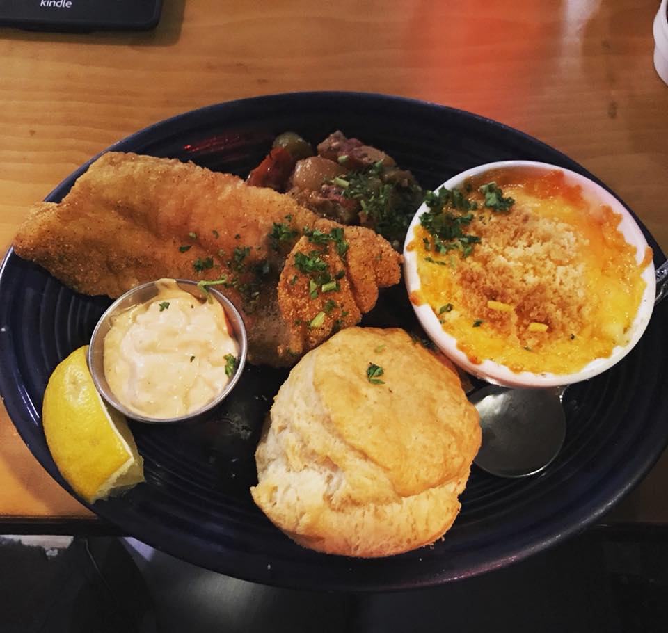 Fried catfish, mac & cheese, biscuit, and okra & tomato maque choux